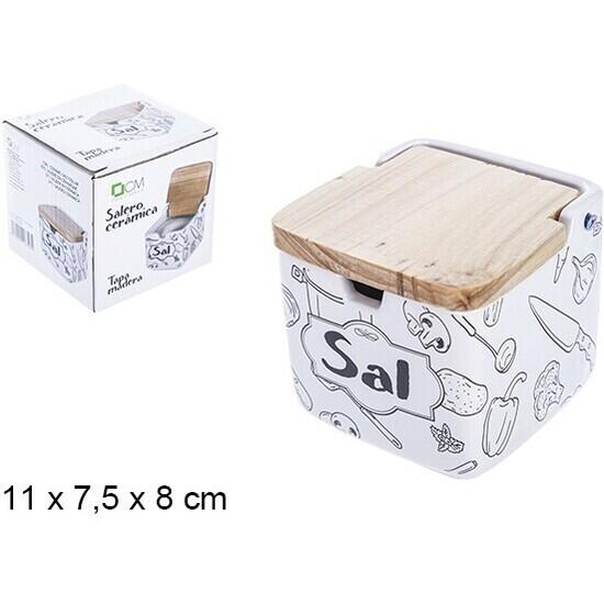 Salero ceramica con tapa de madera decorado