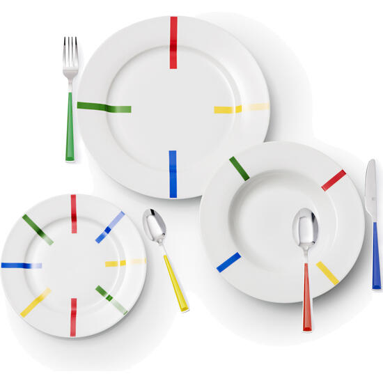 Set 6 servicios - 18pcs vajilla loza diseño rayas de colores y 24pcs cubertería acero inox