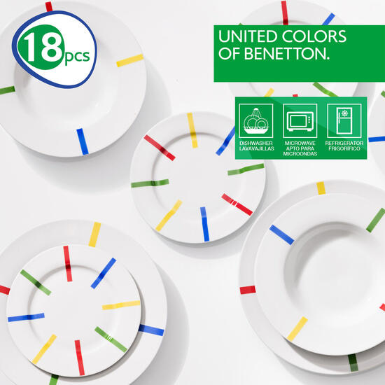 Set 6 servicios - 18pcs vajilla loza diseño rayas de colores y 24pcs cubertería acero inox