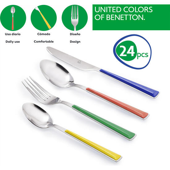 Set 6 servicios - 18pcs vajilla loza diseño rayas de colores y 24pcs cubertería acero inox