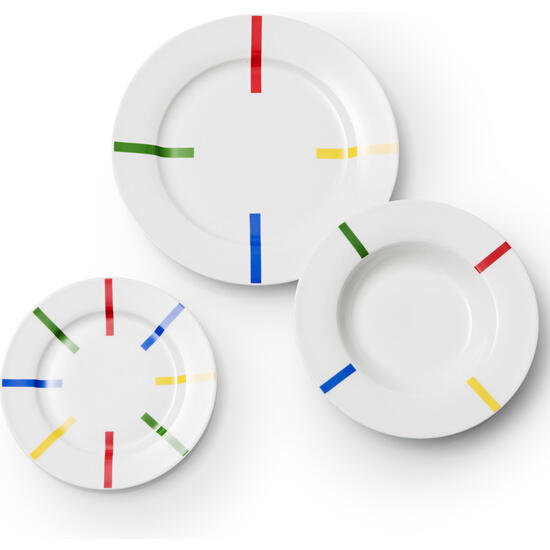 Set 6 servicios - 18pcs vajilla loza diseño rayas de colores y 24pcs cubertería acero inox