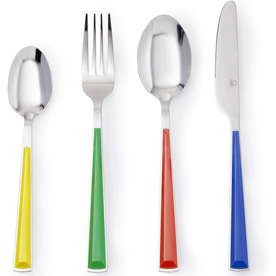 Set 6 servicios - 18pcs vajilla loza diseño rayas de colores y 24pcs cubertería acero inox