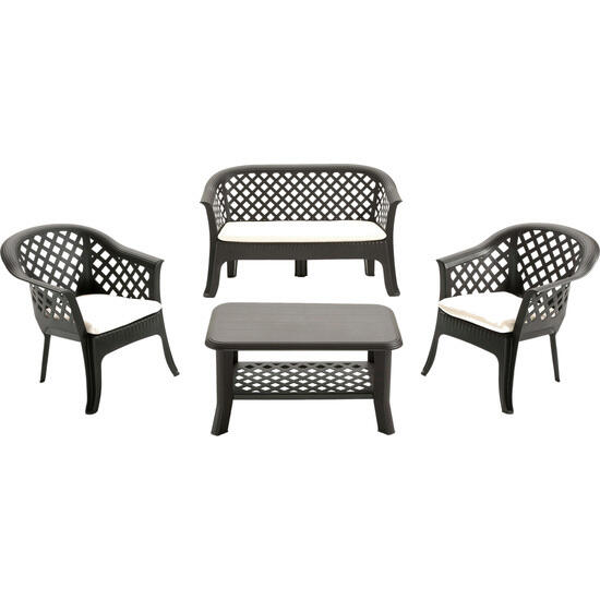 Set terraza veranda mesa baja 2 sillones y 1 banco con cojines antracita