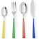 Set 6 servicios - 18pcs vajilla loza diseño rayas de colores y 24pcs cubertería acero inox